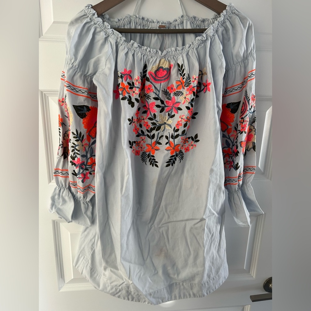 Free People Embroidered Off Shoulder Mini Dress Blue Orange Size S